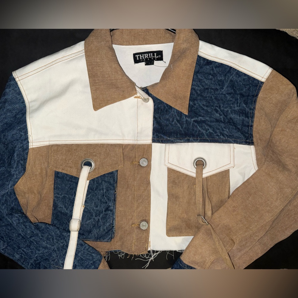 Thrill Jeans Cropped Patchwork Denim Jacket Color Block Strap Pocket Y2K Size L - Picture 7 of 8